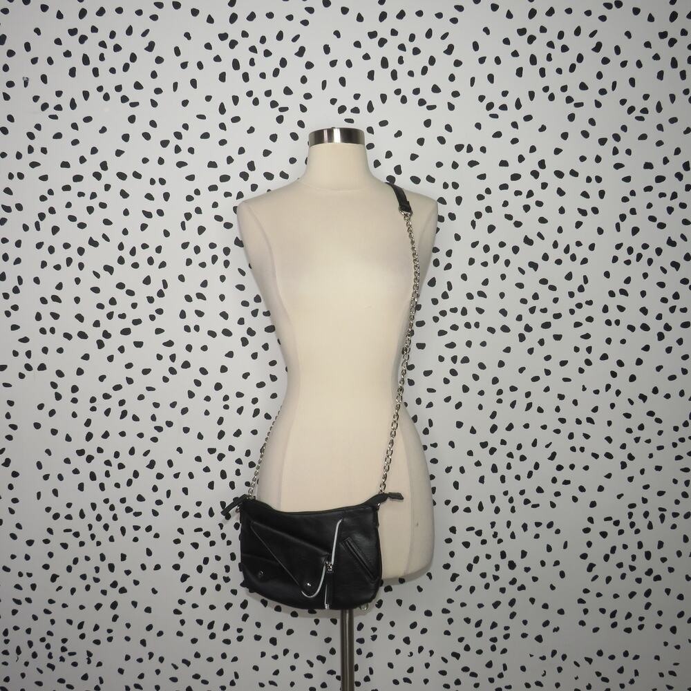 Bongo Black Faux Leather Zipper Detail Chain Crossbody Purse